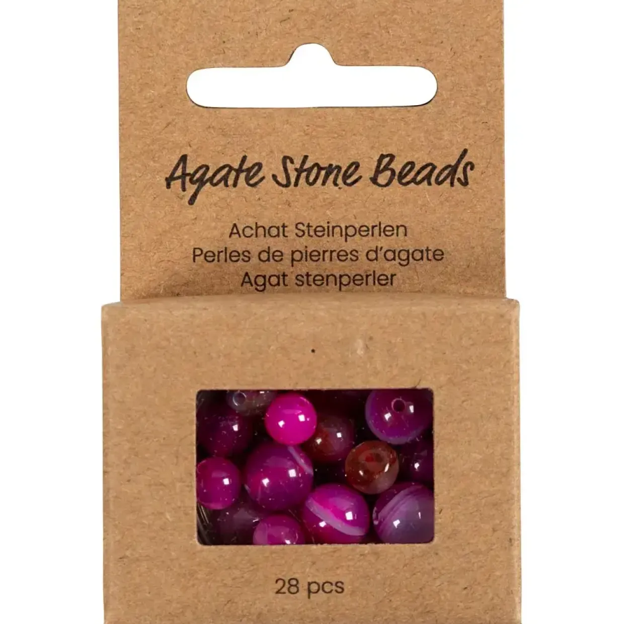 Agat stenperler, str. 1x10, 12x8, 15x6 mm, hulstr. 0,9-1 mm, pink, 28stk./ 1 pk.
