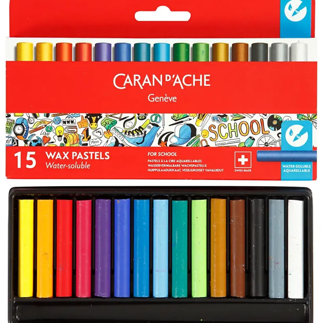 Akvarelkridt - Caran d'Ache Neocolor II - 8 mm - 15 stk - Ass. farver