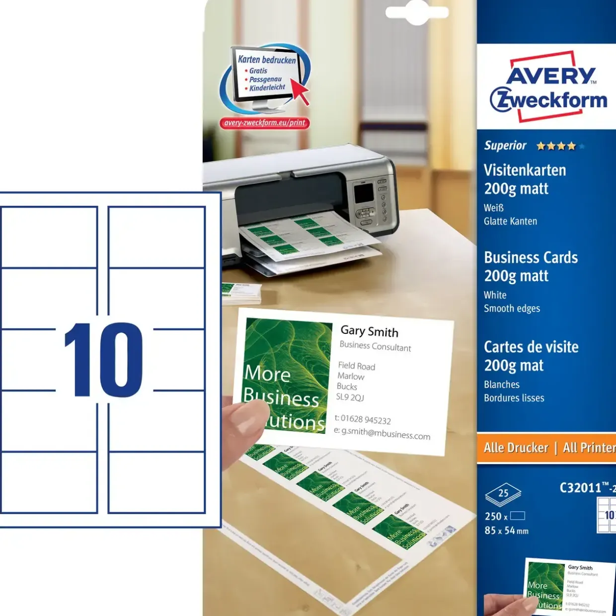 Avery etiketter C32011-25 - Visitkort laser/inkjet mat 200g - 250 stk