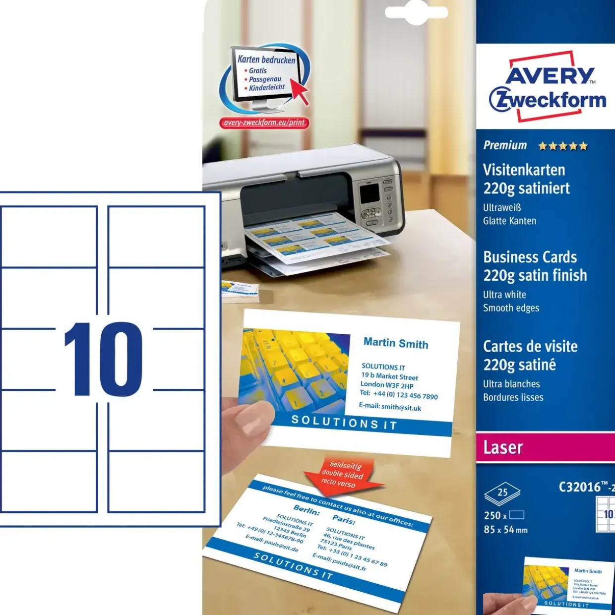 Avery etiketter C32016-25 - Visitkort laser satin 220g - 250 stk