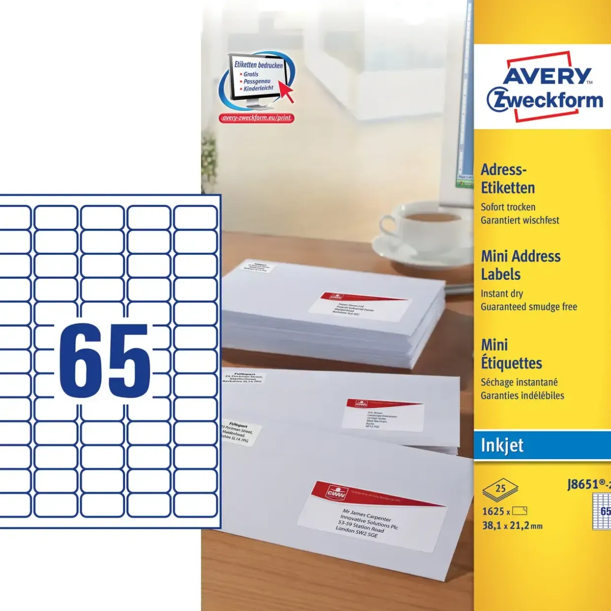 Avery etiketter J8651-25 - Mini adresse etiket inkjet 65 pr. ark 38,1 x 21,2 mm - 25 ark