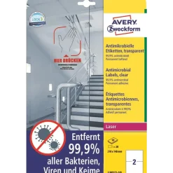 Avery etiketter Laseretiket - antimicrobiel 210x148mm klar - 10ark