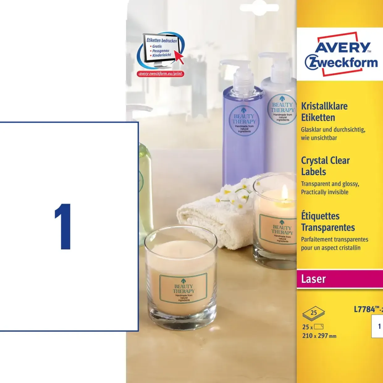 Avery etiketter L7784-25 - Laser etiket Glasklar 1 pr. ark 210 x 297 mm - 25 ark