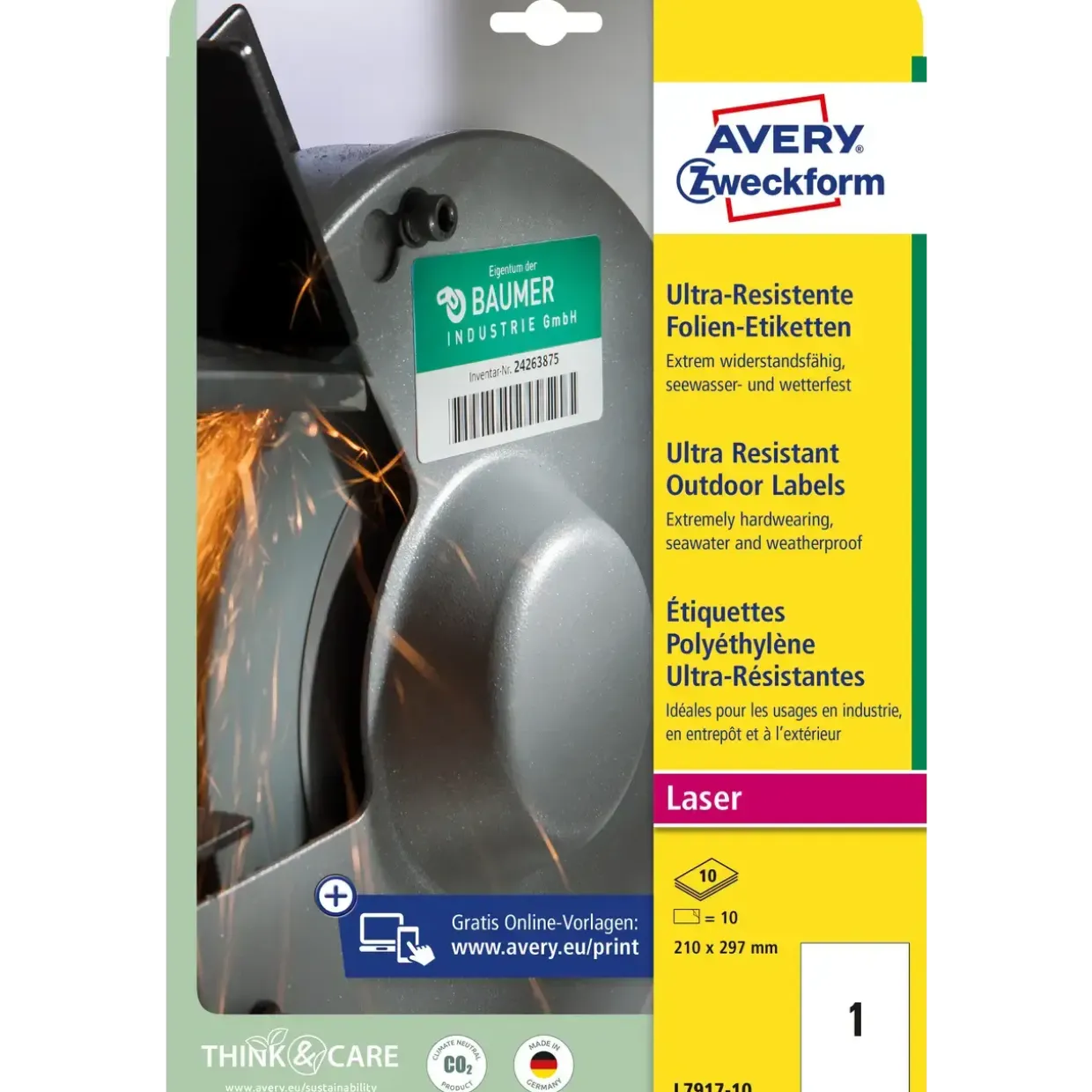 Avery etiketter L7917-10 - Laseretiket slidstærke 1 pr. ark 210 x 297 mm - 10 ark