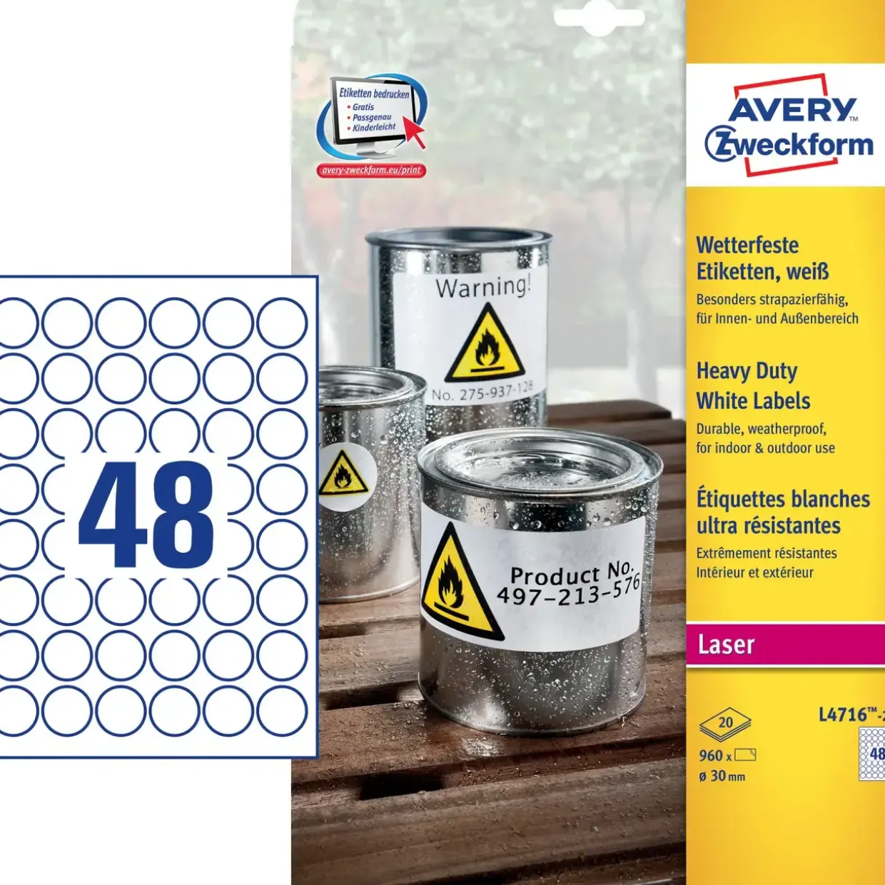 Avery etiketter L4716-20 - Laser etiketter stærke 48 pr. ark Ø: 30 mm - 20 ark
