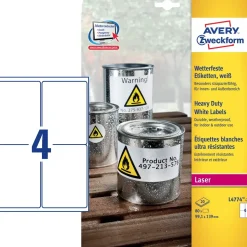 Avery Etiketter L4774-20 - Laseretiket Vandfaste, 99,1 x 139 mm, 20 ark