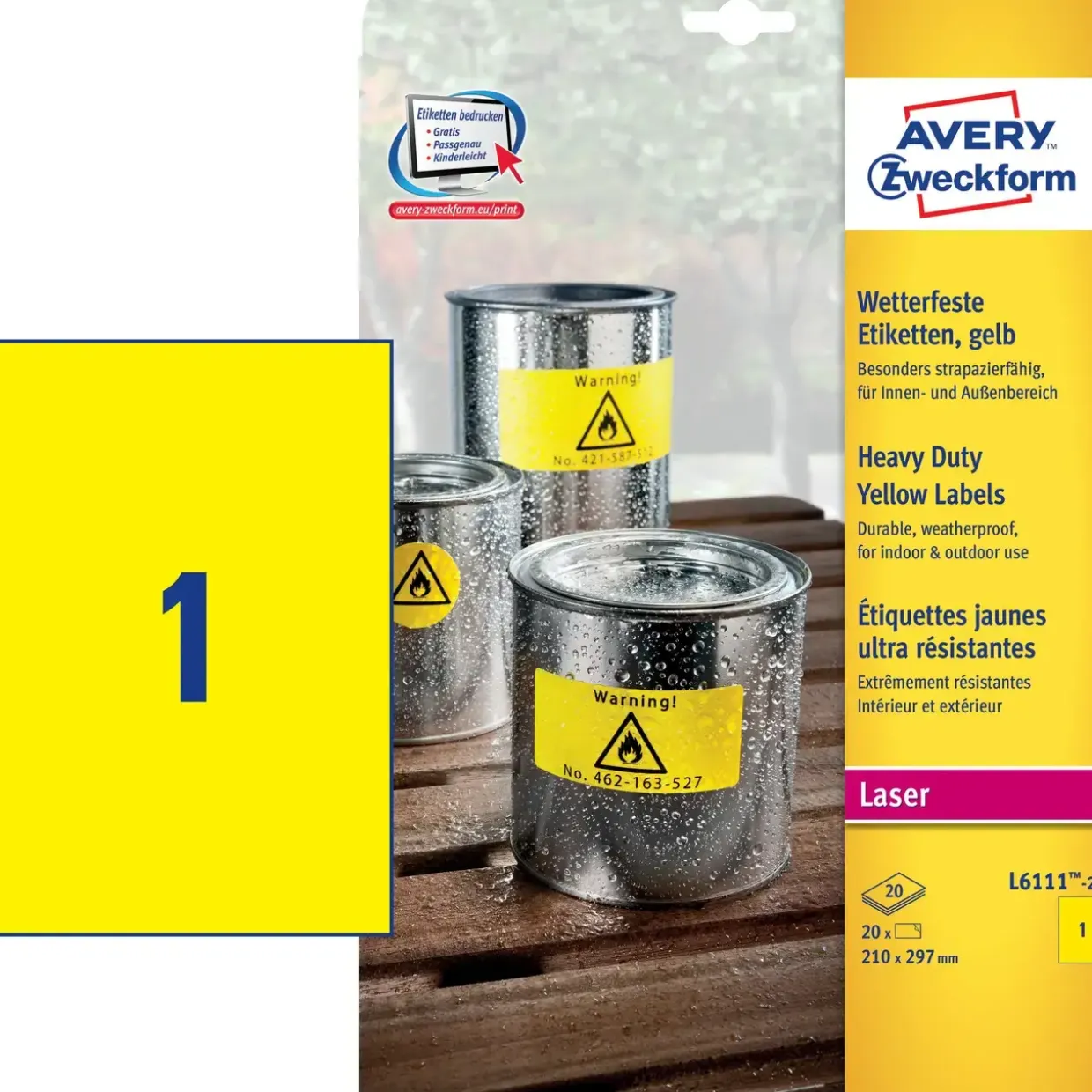 Avery etiketter L6111-20 - Laseretiket stærke gul 1 pr. ark 210 x 297 mm - 20 ark