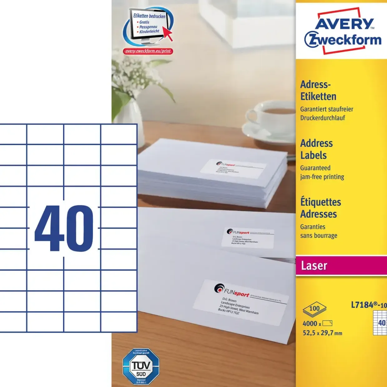 Avery etiketter L7184 - Laser label 40 pr. ark 52,5 X 29,7 mm - 100 ark