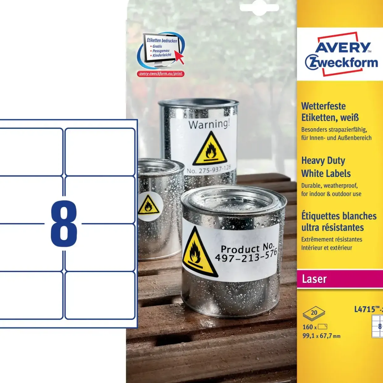 Avery etiketter L4715-20 - Laserlabel stærke hvide 8 pr. ark 99,1 x 67,7 mm - 20 ark