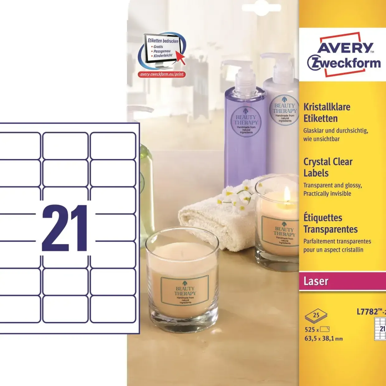 Avery etiketter L7782-25 - Laserlabel Crystal Clear 21 pr. ark 63,5 x 38,1 mm - 25 ark