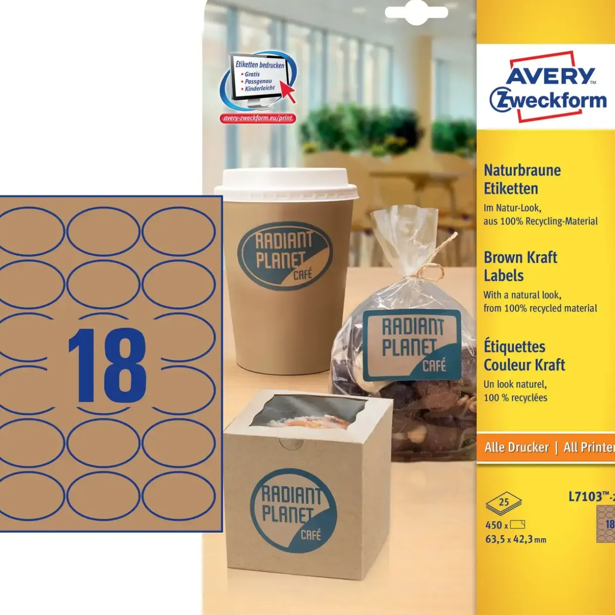 Avery etiketter L7103-25 - Natur produkt etiketter oval 63,5 x 42,3 mm - 360 stk