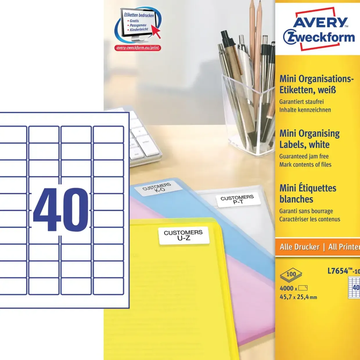 Avery Etiketter - L7654-100 - 40 pr. ark - 45,7 x 25,4 mm - 100 ark