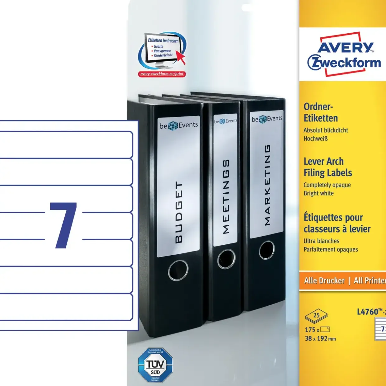Avery etiketter L4760 - Rygetiket 7 pr. ark 192 x 38 mm - 25 ark