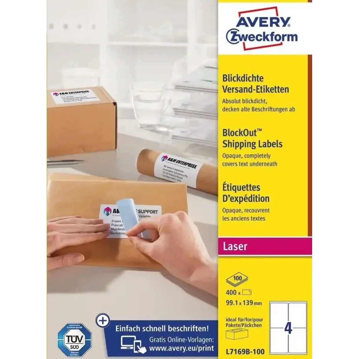 Avery etiketter m BlockOut hvid 99,1x139mm 100 ark á 4stk