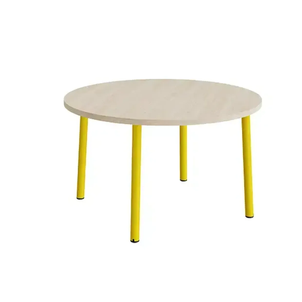 Bord Add 590, Ø1200 mm, højde 720 mm, lyddæmpende hvidpigmenteret eg laminat på gult stel