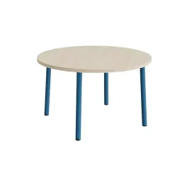 Bord Add 590, Ø1200 mm, højde 720 mm, lyddæmpende hvidpigmenteret eg laminat på blåt stel