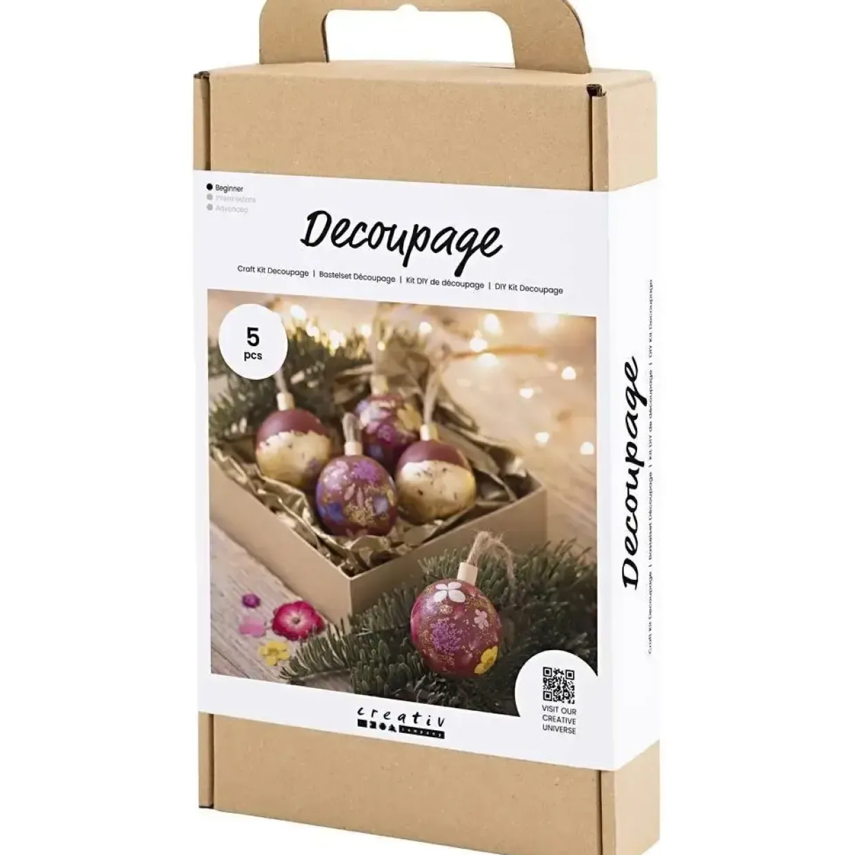 DIY Kit - Decoupage Julekugler - Tørrede blomster og bladguld - Julerød