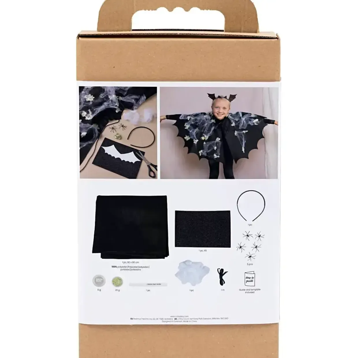 DIY Kit Spooky Udklædning, Flagermuskappe- og hårbøjle, sort, sort glitter, 1 pk.