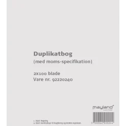 Duplikatbog med moms specifikation 126 x 148 mm 92220240 - 10 bøger á 2x100 blade