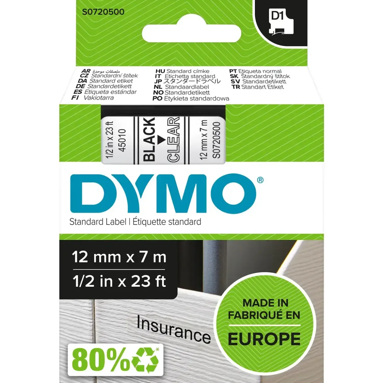 Dymo D1 tape 12mmx7m black/clear