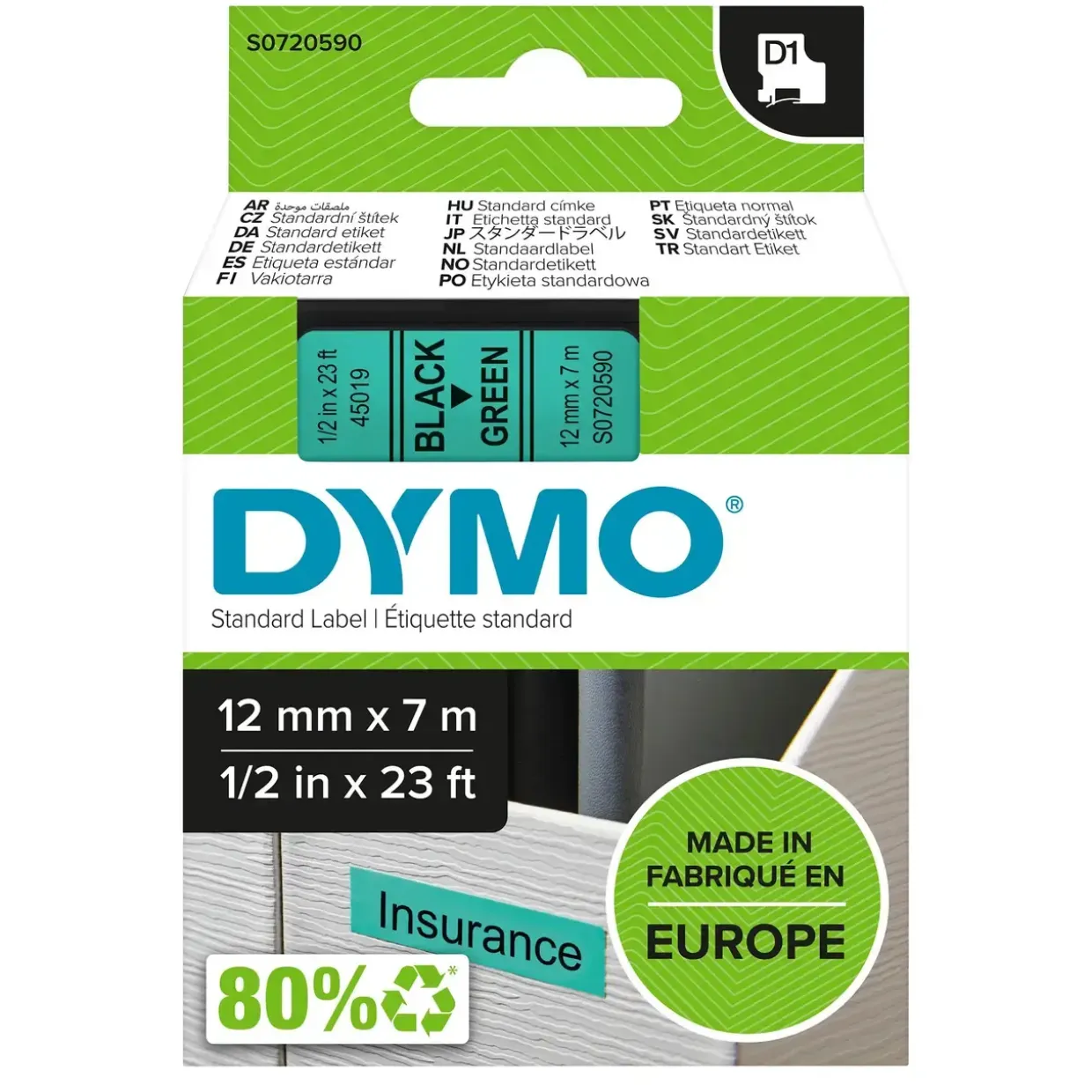 Dymo D1 tape 12mmx7m black/green