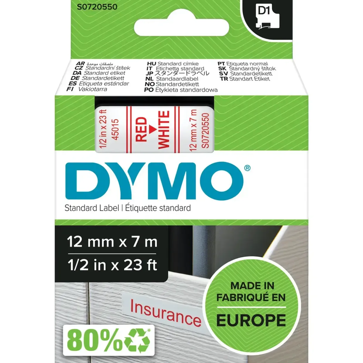 Dymo D1 tape 12mmx7m red/white