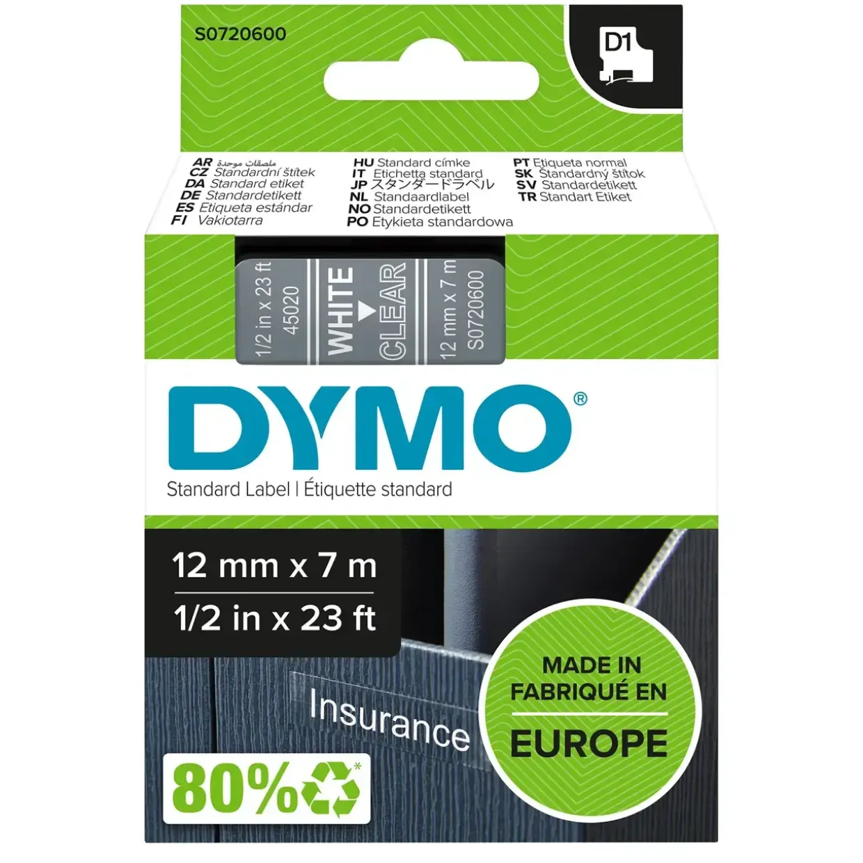 Dymo D1 tape 12mmx7m white/clear