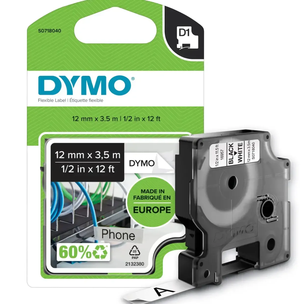 Dymo D1 tape - permanent nylon tape 12mmx3,5m - black|white