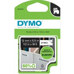 Dymo D1 tape - permanent polyester tape 12mmx5,5m - black|white
