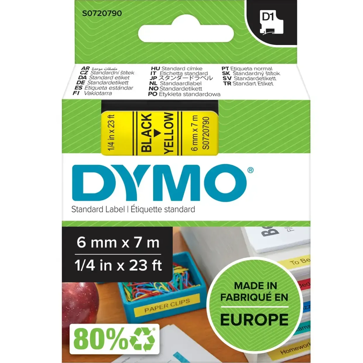 Dymo label tape D1, 6mmx7m sort på gul