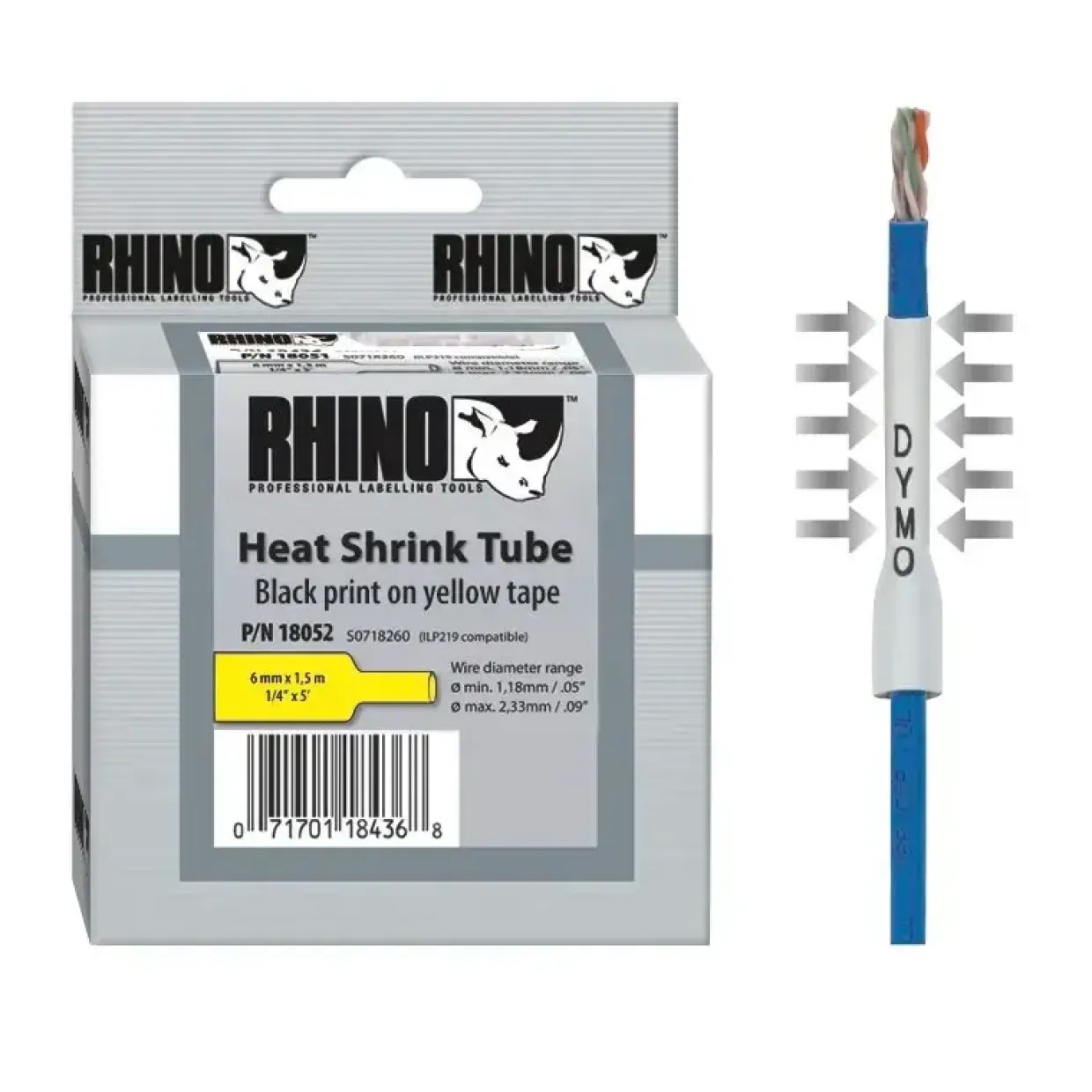 DYMO RHINO 18052 - Labeltape gul krympeflex 6 mm x 1,5 m