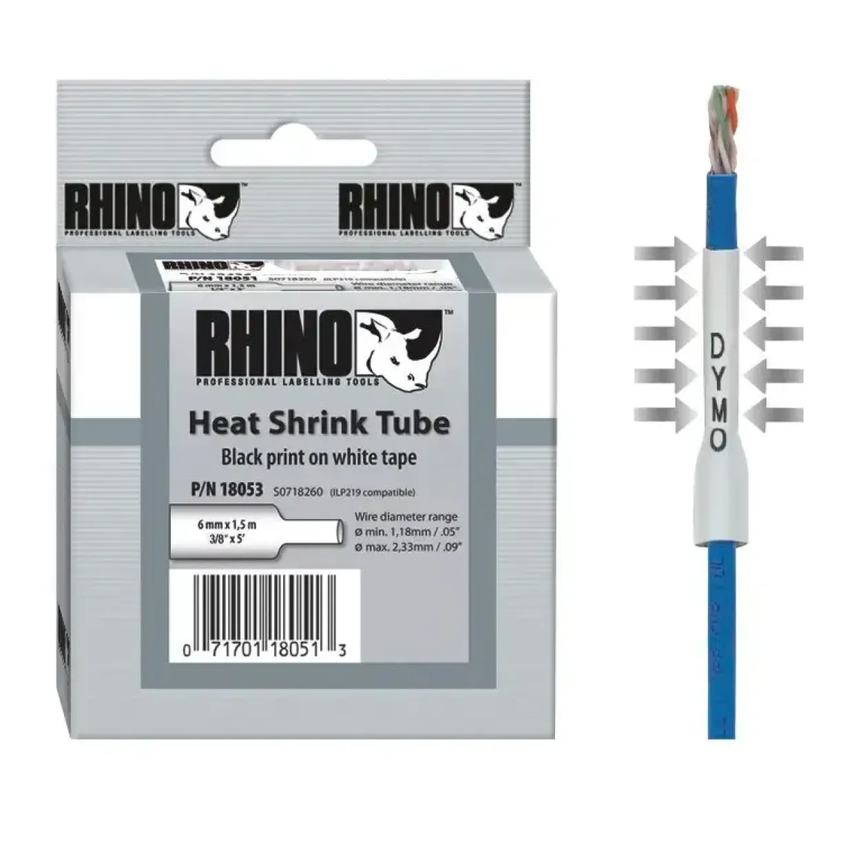 DYMO RHINO 18051 - Labeltape hvid krympeflex 6 mm x 1,5 m
