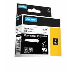 DYMO RHINO 18482 - Labeltape 9 mm sort på hvid polyester