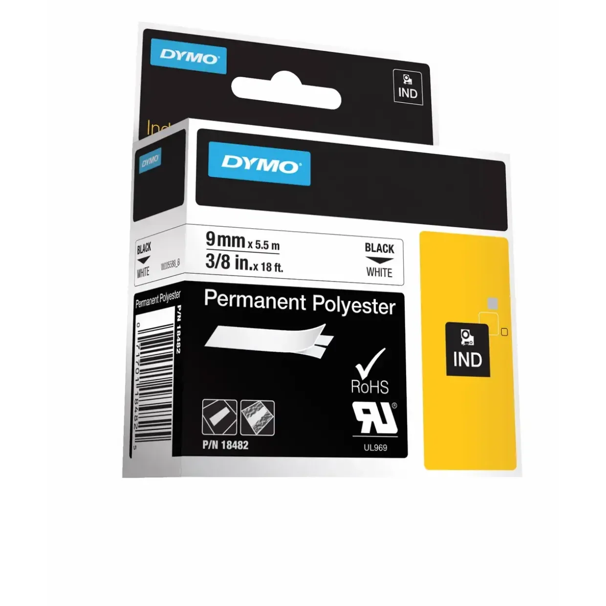 DYMO RHINO 18482 - Labeltape 9 mm sort på hvid polyester