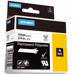 DYMO RHINO 18484 - Labeltape 19 mm sort på hvid polyester - 5 stk