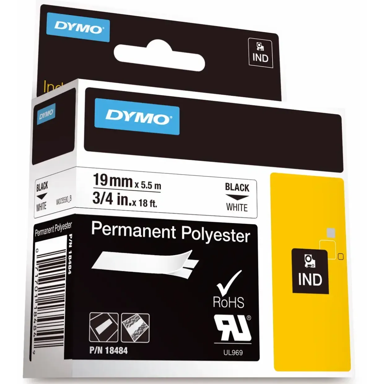 DYMO RHINO 18484 - Labeltape 19 mm sort på hvid polyester - 5 stk