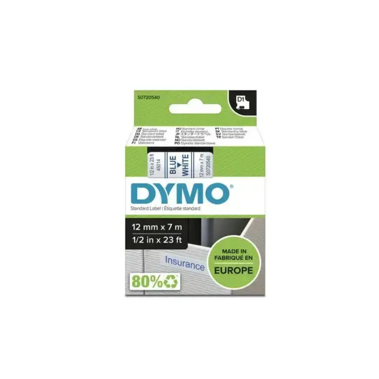 DYMO Tape D1 45014 - Etiket tape 12 mm blå på hvid - 5 stk