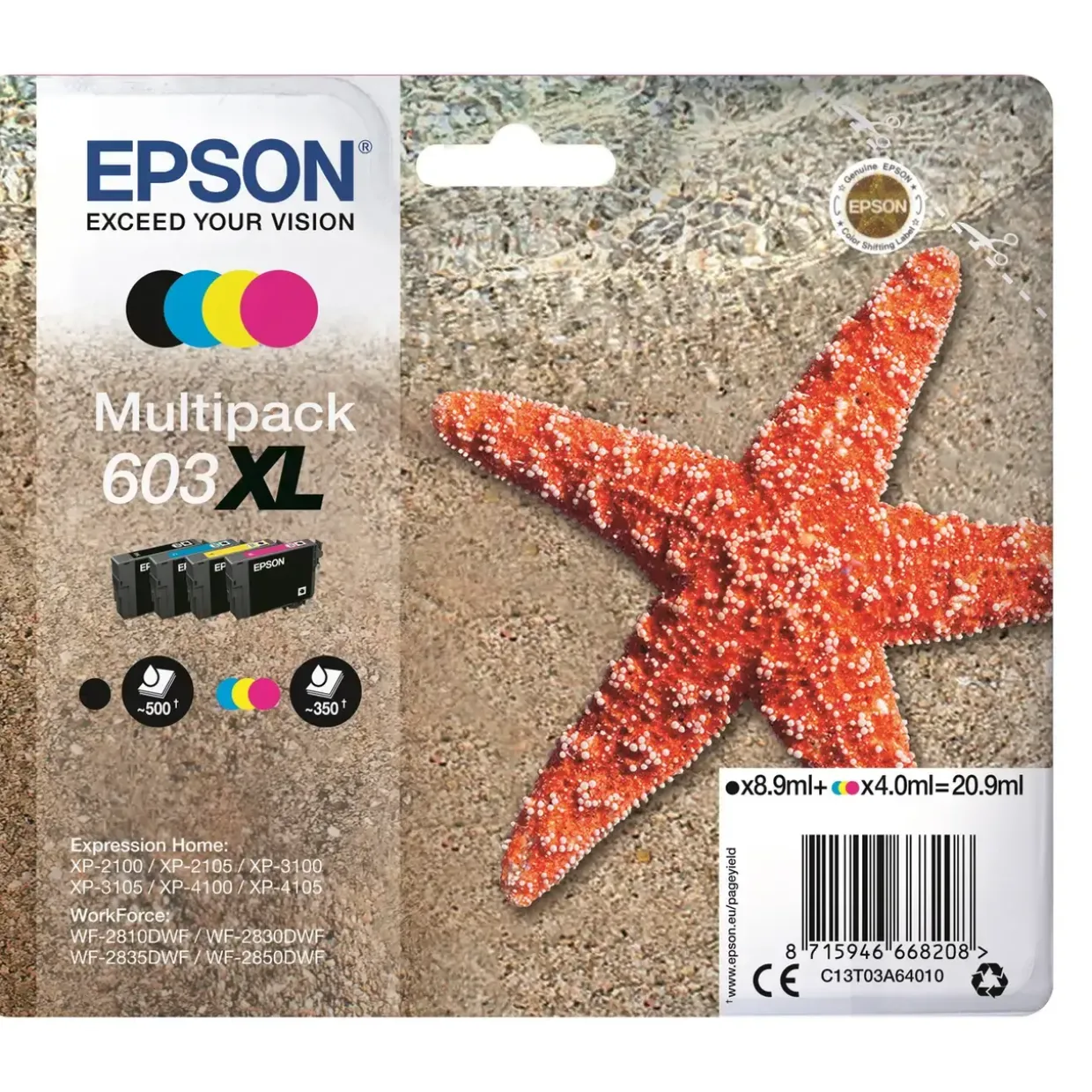 Epson T03U 603XL, Blækpatron med alarm, Sampak med 4 farver