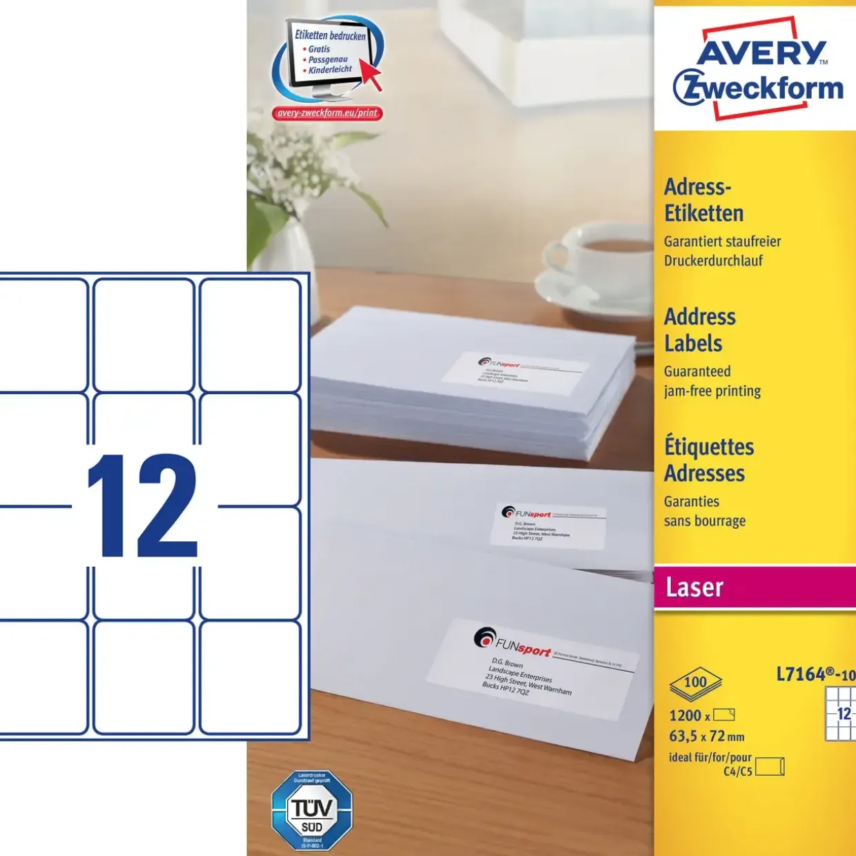 Etiketter - Avery L7164 - Laserlabel - 63,5 x 72 mm - 12 pr. ark - 100 ark