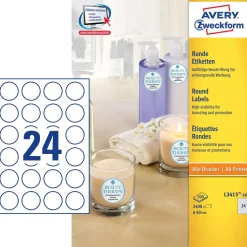 Etiketter - Avery L3415-100 Promotion Runde Ø40mm - Hvid - 24 pr. ark - 100 ark