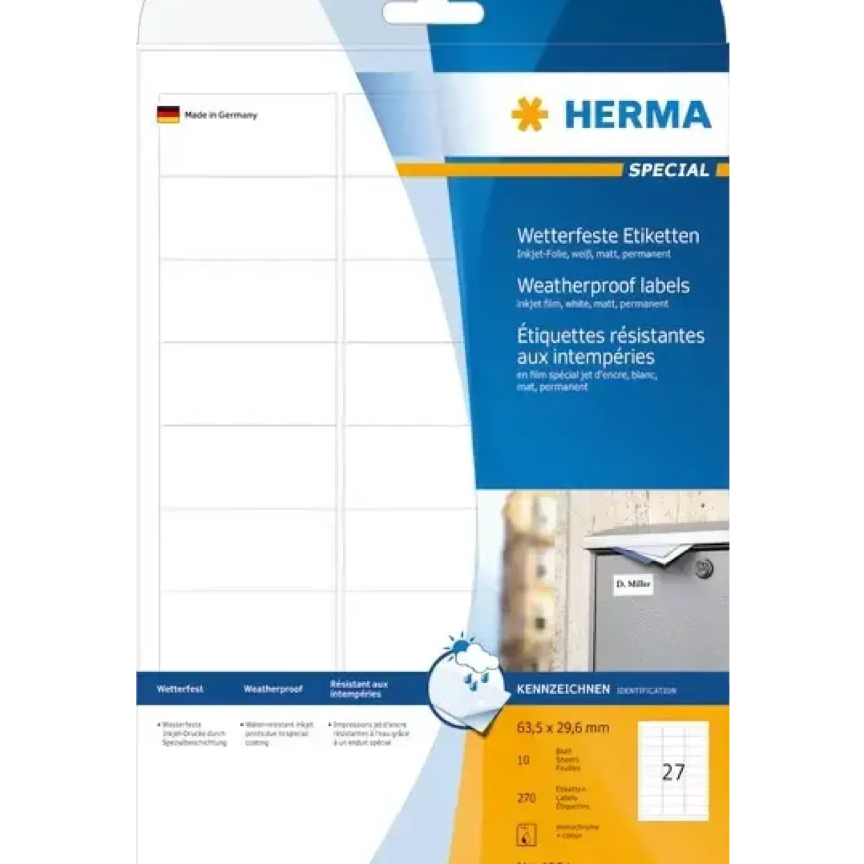 Etiketter - HERMA - A4 63,5x29,6 mm - Vandfast - Hvid - 270 stk