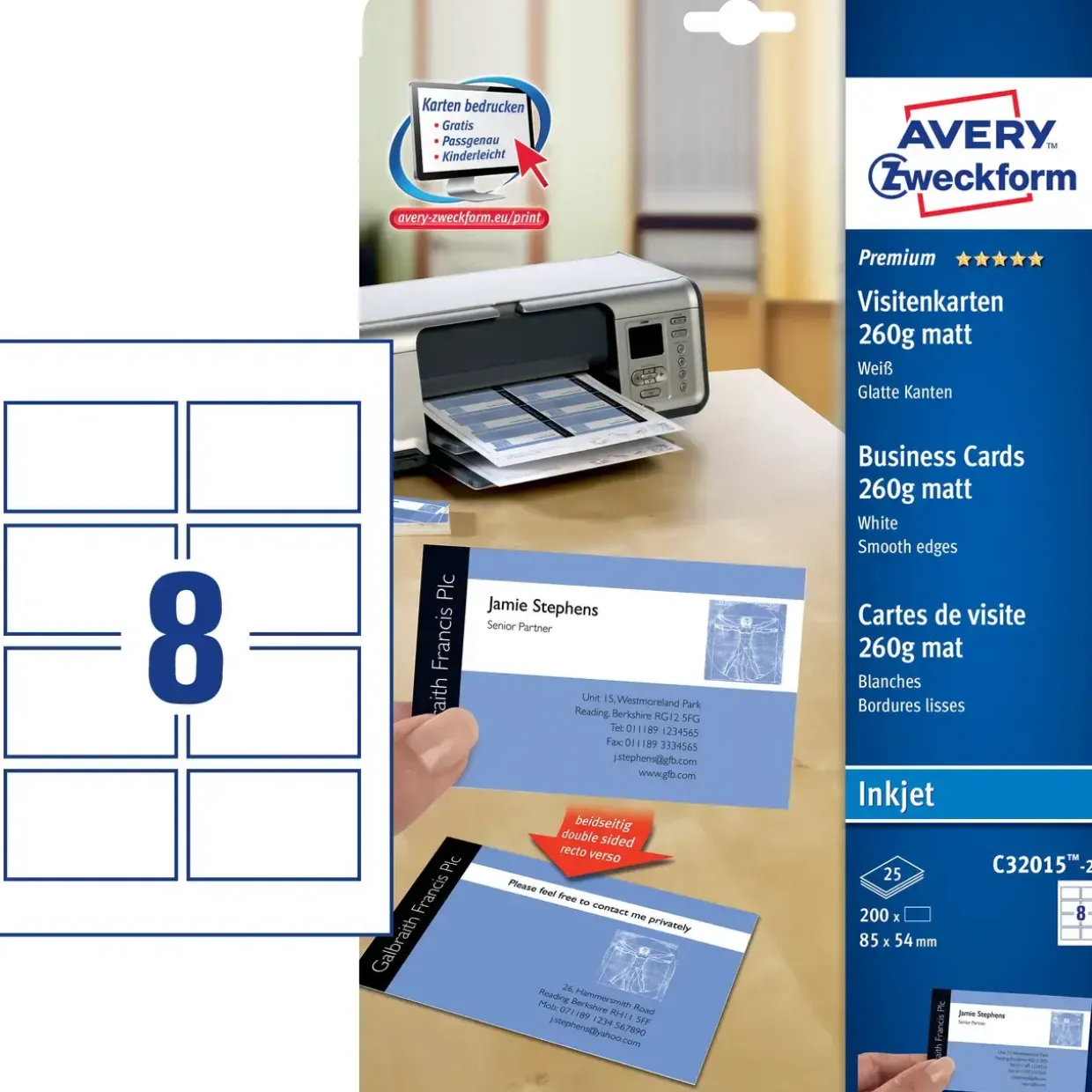 Etiketter print selv Avery C32015-25 - Visitkort inkjet hvid mat 260g - 200 stk