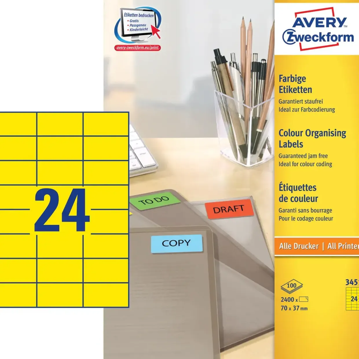 Etiketter print selv Avery 3451 - Etiketter gul 24 pr. ark 70 x 37 mm - 100 ark