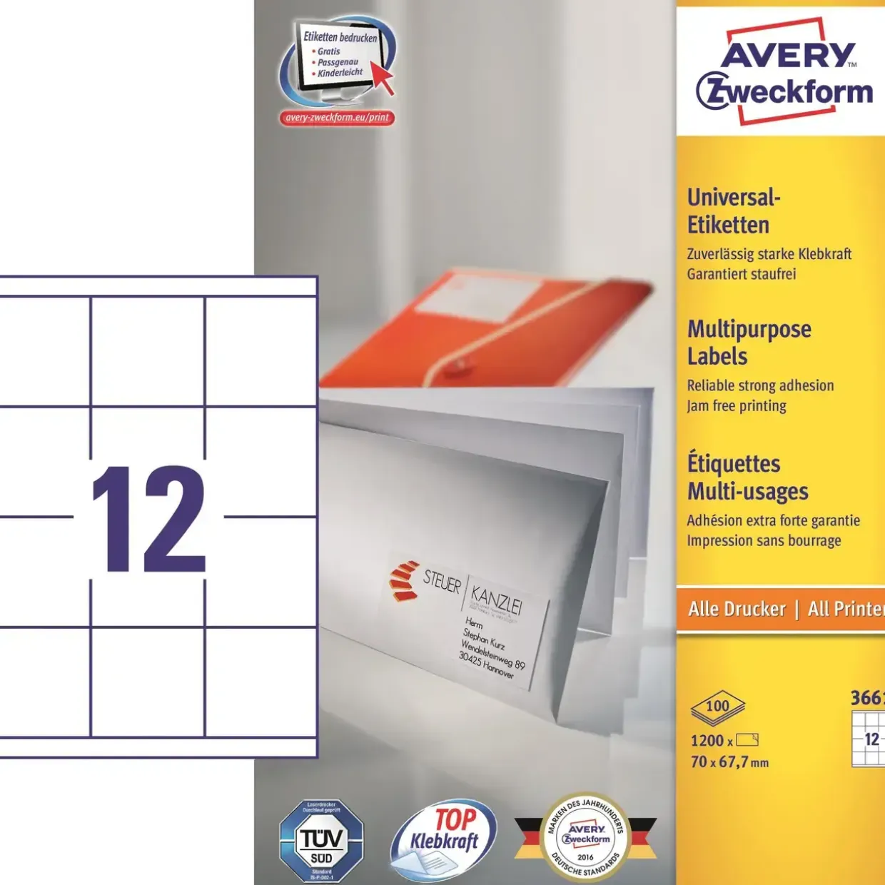 Etiketter print selv Avery 3661 - Kopietiket 12 pr. ark 67,70 x 70 mm - 100 ark