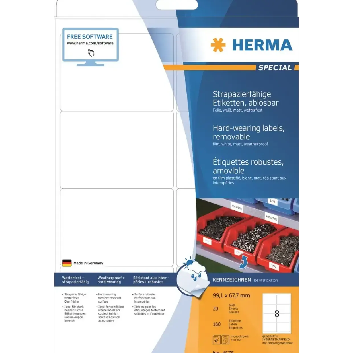 Etiketter print selv HERMA Labels weather-resistant removable A4 white 99,1x67,7