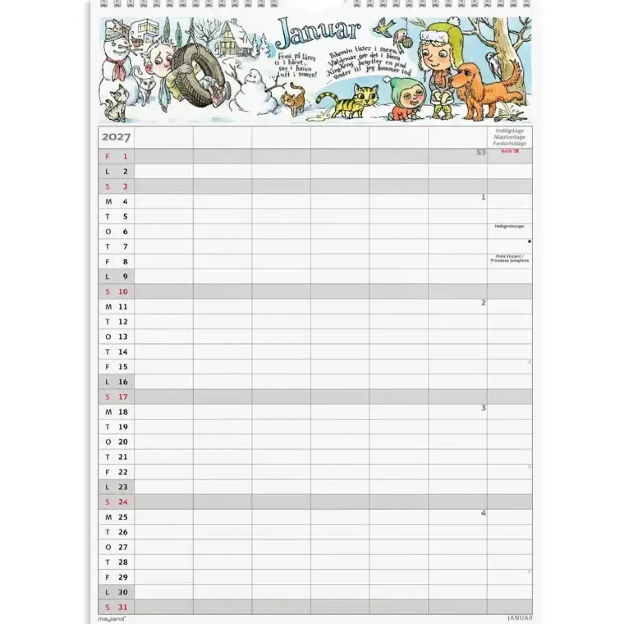 Familiekalender væg - Otto Dickmeiss & Lilja Scherfig - A3 - 6 kol. - 2027 - Mayland - 27066250