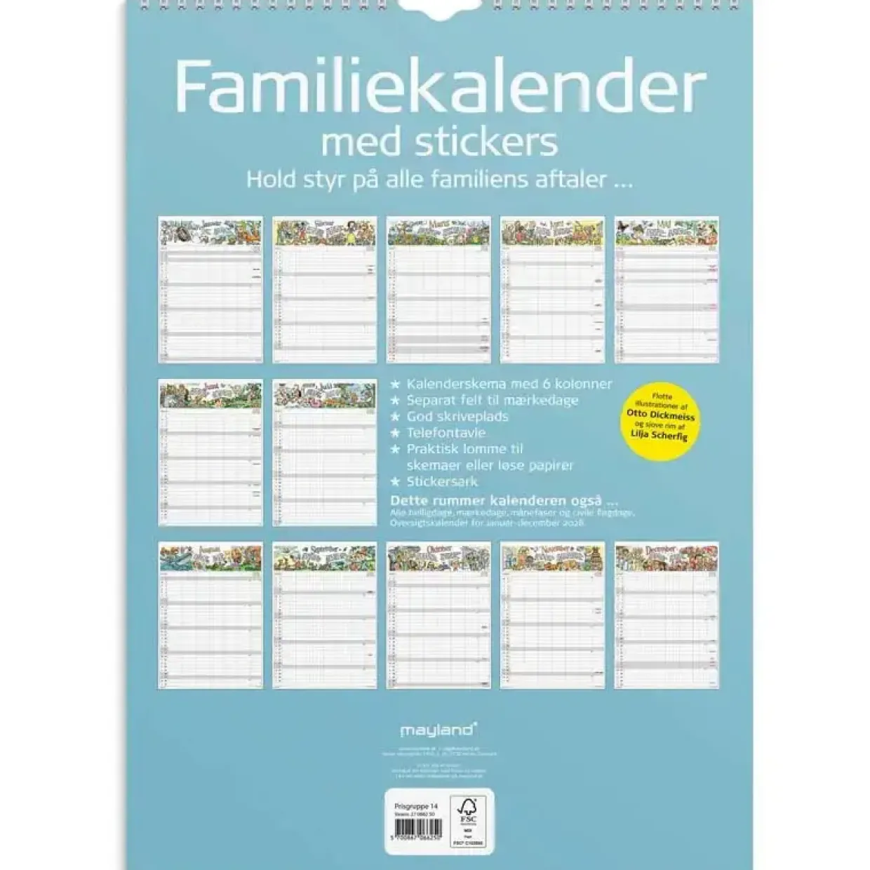 Familiekalender væg - Otto Dickmeiss & Lilja Scherfig - A3 - 6 kol. - 2027 - Mayland - 27066250