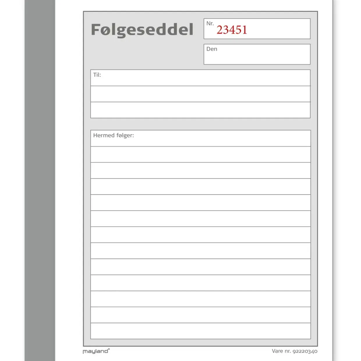 Følgeseddelbog 108 x 150 mm 92220340 - 10 blokke á 3x50 blade