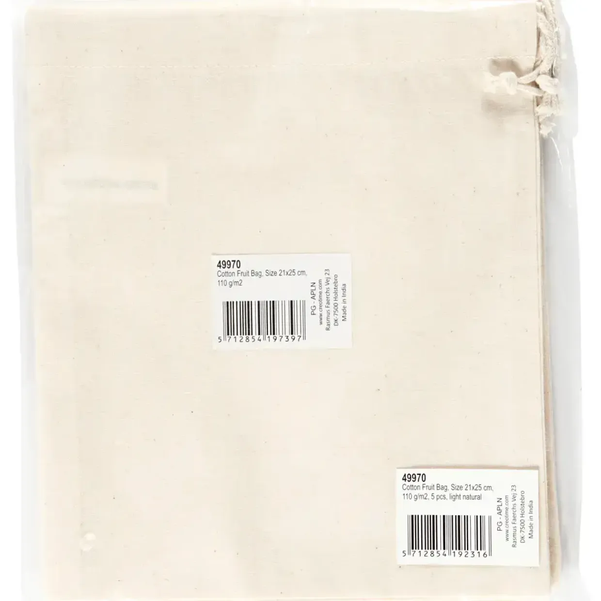 Frugtposer - 21x25 cm - Lys natur - Bomuld - 5 stk