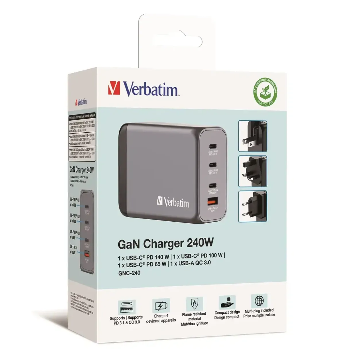 GaN-oplader – Verbatim GNC-240 – 4-port – 240W – USB-A/USB-C